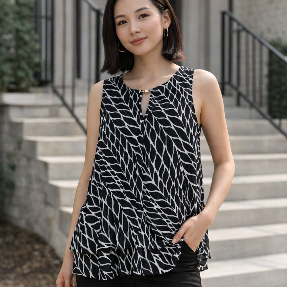 White House Black Market Sleeveless Blouse Black White Abstract Print Flowy M